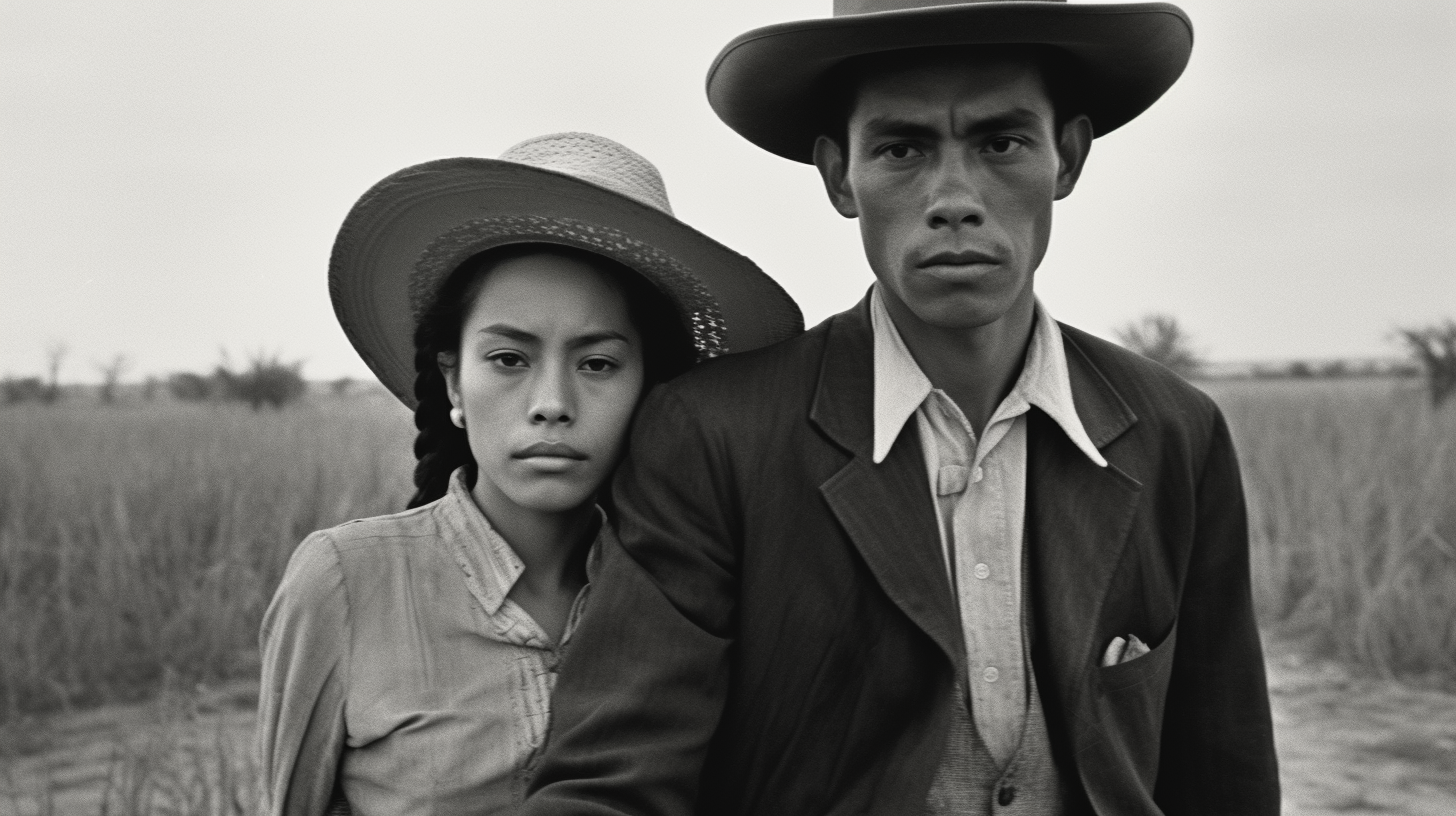 In this black and white photo, we see a man and a woman standing in a field. The man is wearing a suit and a hat, while the woman is also wearing a hat. The man appears to be in his thirties and is standing on the left side of the image. The woman, who looks to be in her twenties, is standing on the right side. The man''s hat is a sun hat style, while the woman''s hat is a more traditional style. The background consists of a vast field, creating a serene and peaceful atmosphere.