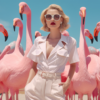 In this image, we see a woman standing gracefully in front of a flock of elegant flamingos. The woman is wearing a white dress and a white belt with a pink flowered buckle, accessorized with red lipstick and stylish sunglasses. She exudes confidence and poise as she stands amidst the beautiful birds. The flamingos add a vibrant and colorful backdrop to the scene, creating a visually stunning contrast. The overall composition of the image is striking, with the woman''s outfit complementing the natural beauty of the flamingos. It''s a harmonious blend of fashion and nature, captured in a picturesque moment.