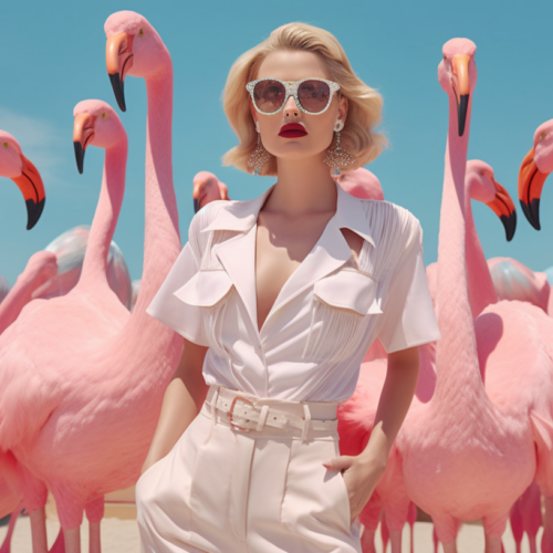 In this image, we see a woman standing gracefully in front of a flock of elegant flamingos. The woman is wearing a white dress and a white belt with a pink flowered buckle, accessorized with red lipstick and stylish sunglasses. She exudes confidence and poise as she stands amidst the beautiful birds. The flamingos add a vibrant and colorful backdrop to the scene, creating a visually stunning contrast. The overall composition of the image is striking, with the woman''s outfit complementing the natural beauty of the flamingos. It''s a harmonious blend of fashion and nature, captured in a picturesque moment.