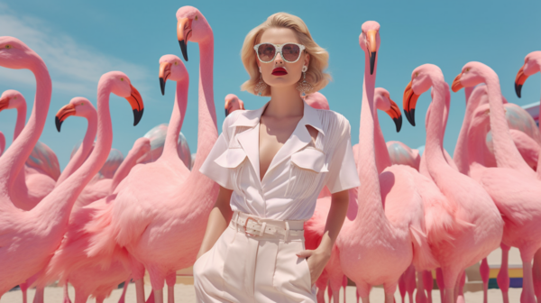 In this image, we see a woman standing gracefully in front of a flock of elegant flamingos. The woman is wearing a white dress and a white belt with a pink flowered buckle, accessorized with red lipstick and stylish sunglasses. She exudes confidence and poise as she stands amidst the beautiful birds. The flamingos add a vibrant and colorful backdrop to the scene, creating a visually stunning contrast. The overall composition of the image is striking, with the woman''s outfit complementing the natural beauty of the flamingos. It''s a harmonious blend of fashion and nature, captured in a picturesque moment.