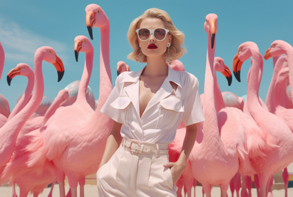 In this image, we see a woman standing gracefully in front of a flock of elegant flamingos. The woman is wearing a white dress and a white belt with a pink flowered buckle, accessorized with red lipstick and stylish sunglasses. She exudes confidence and poise as she stands amidst the beautiful birds. The flamingos add a vibrant and colorful backdrop to the scene, creating a visually stunning contrast. The overall composition of the image is striking, with the woman''s outfit complementing the natural beauty of the flamingos. It''s a harmonious blend of fashion and nature, captured in a picturesque moment.