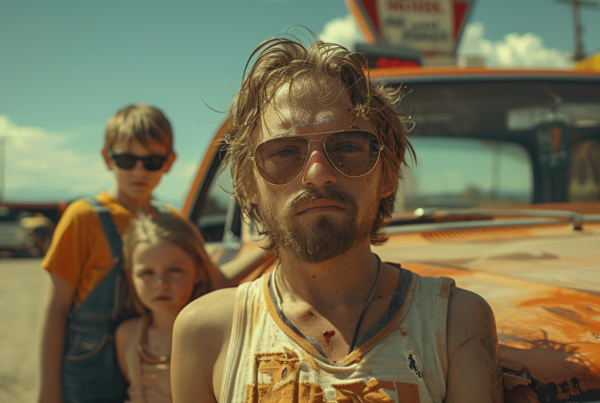 A man with a beard and glasses is standing next to a car in this image. The man is wearing glasses with a gold frame, and he has a full beard. He is standing confidently next to a pickup truck, which is parked in the background. The man has short hair and is wearing a necklace. The image also includes a young girl in a car seat with her hair blowing in the wind. The man appears to be in his thirties, and he exudes a sense of style and confidence in his demeanor. The colors in the image are earthy tones, with shades of brown and green dominating the scene.