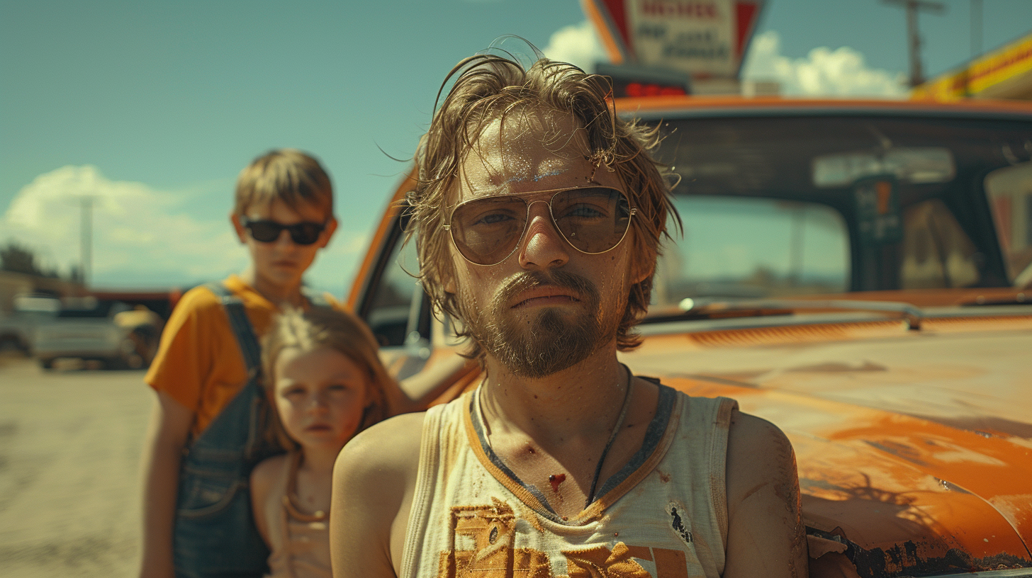 A man with a beard and glasses is standing next to a car in this image. The man is wearing glasses with a gold frame, and he has a full beard. He is standing confidently next to a pickup truck, which is parked in the background. The man has short hair and is wearing a necklace. The image also includes a young girl in a car seat with her hair blowing in the wind. The man appears to be in his thirties, and he exudes a sense of style and confidence in his demeanor. The colors in the image are earthy tones, with shades of brown and green dominating the scene.