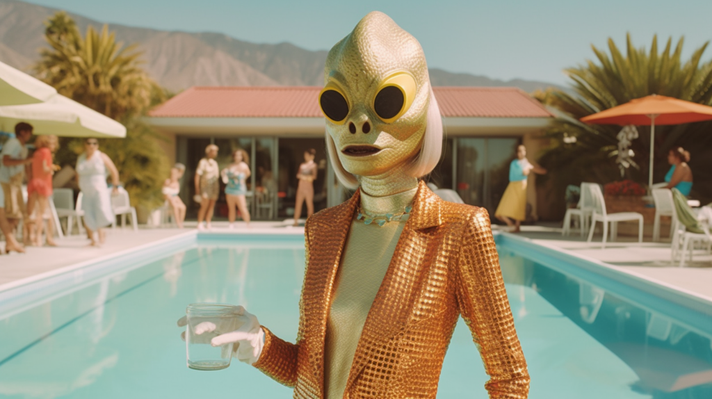 A person in a gold suit is holding a glass of water in their hand. They are standing in a luxurious outdoor setting, surrounded by other people and objects like chairs, a table, and an umbrella. The scene appears to be near a pool, with a woman sitting under the umbrella on a patio. The color palette includes shades of brown, green, and white. The overall atmosphere is elegant and upscale, with hints of relaxation and leisure. The person in the gold suit stands out as the focal point of the image, exuding an air of sophistication.