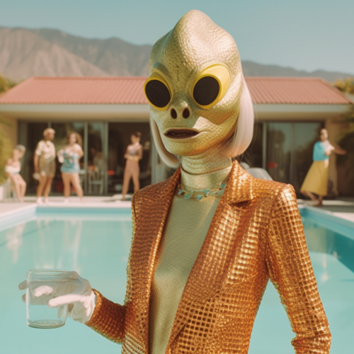 A person in a gold suit is holding a glass of water in their hand. They are standing in a luxurious outdoor setting, surrounded by other people and objects like chairs, a table, and an umbrella. The scene appears to be near a pool, with a woman sitting under the umbrella on a patio. The color palette includes shades of brown, green, and white. The overall atmosphere is elegant and upscale, with hints of relaxation and leisure. The person in the gold suit stands out as the focal point of the image, exuding an air of sophistication.