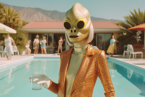 A person in a gold suit is holding a glass of water in their hand. They are standing in a luxurious outdoor setting, surrounded by other people and objects like chairs, a table, and an umbrella. The scene appears to be near a pool, with a woman sitting under the umbrella on a patio. The color palette includes shades of brown, green, and white. The overall atmosphere is elegant and upscale, with hints of relaxation and leisure. The person in the gold suit stands out as the focal point of the image, exuding an air of sophistication.