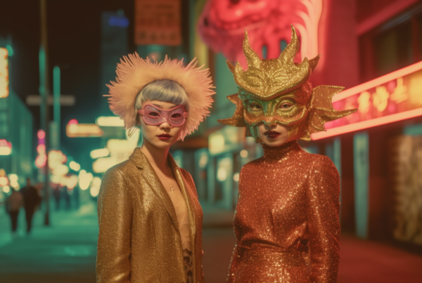 Two women are showcased in striking gold outfits on a lively city street. The first woman captivates in a shimmering gold dress and matching mask, while the second woman dons a gold jacket and pink mask. Additionally, she sports a pink feathered hat that adds a touch of elegance to her ensemble. Both women exude confidence and style as they stand gracefully against the urban backdrop. The women''s vibrant costumes and accessories create a visually stunning scene, drawing attention to their fashionable and bold choices in attire.