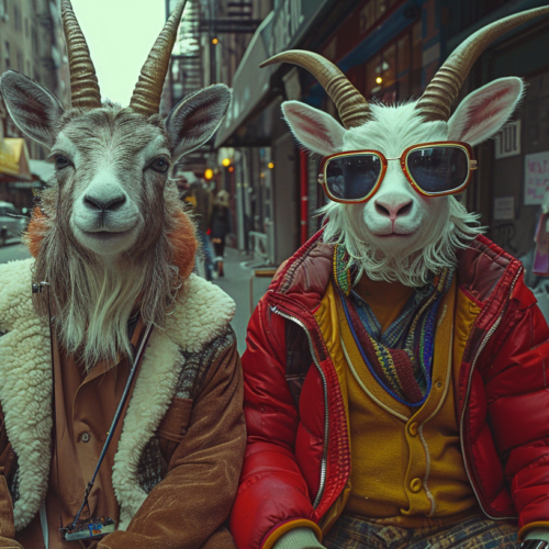 In this image, we see two goats sitting on a bench, both wearing sunglasses. One of the goats is also wearing a hat. The goats are the main focus of the image, with one goat appearing to have a man''s face superimposed on top. There is also a person nearby, wearing a red jacket and sitting in a car. Additionally, there is an awning in the background. The color palette of the image consists of shades of brown, green, and white. The overall vibe is humorous and quirky, with a touch of surrealism.