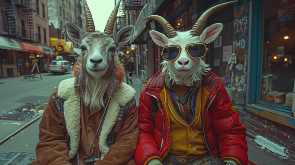 In this image, we see two goats sitting on a bench, both wearing sunglasses. One of the goats is also wearing a hat. The goats are the main focus of the image, with one goat appearing to have a man''s face superimposed on top. There is also a person nearby, wearing a red jacket and sitting in a car. Additionally, there is an awning in the background. The color palette of the image consists of shades of brown, green, and white. The overall vibe is humorous and quirky, with a touch of surrealism.