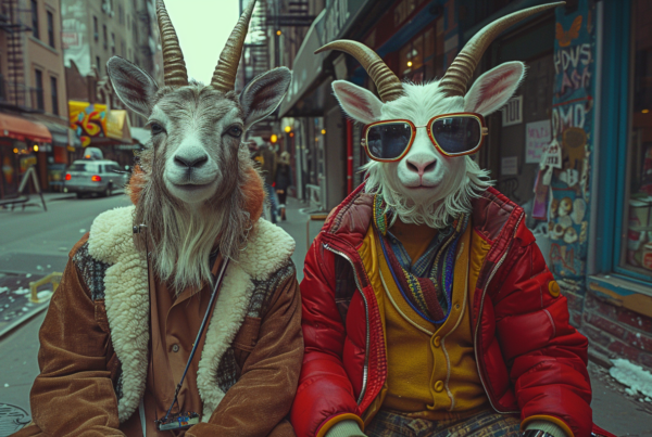 In this image, we see two goats sitting on a bench, both wearing sunglasses. One of the goats is also wearing a hat. The goats are the main focus of the image, with one goat appearing to have a man''s face superimposed on top. There is also a person nearby, wearing a red jacket and sitting in a car. Additionally, there is an awning in the background. The color palette of the image consists of shades of brown, green, and white. The overall vibe is humorous and quirky, with a touch of surrealism.