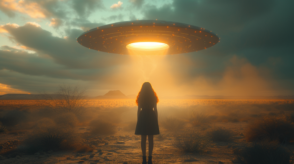 A woman is standing alone in a vast, barren desert under a clear sky. In the background, a large, unidentified object looms high above her. The woman is facing away from the viewer, with only the back of her head and shoulders visible. She is wearing casual clothing and appears to be contemplating the surreal scene before her. The desert landscape is sandy and devoid of any vegetation, creating a stark contrast to the expansive sky above. The colors in the image are earthy and warm, with shades of brown and gold dominating the scene.