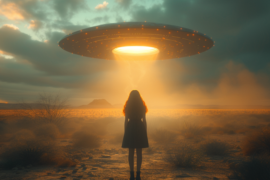 A woman is standing alone in a vast, barren desert under a clear sky. In the background, a large, unidentified object looms high above her. The woman is facing away from the viewer, with only the back of her head and shoulders visible. She is wearing casual clothing and appears to be contemplating the surreal scene before her. The desert landscape is sandy and devoid of any vegetation, creating a stark contrast to the expansive sky above. The colors in the image are earthy and warm, with shades of brown and gold dominating the scene.
