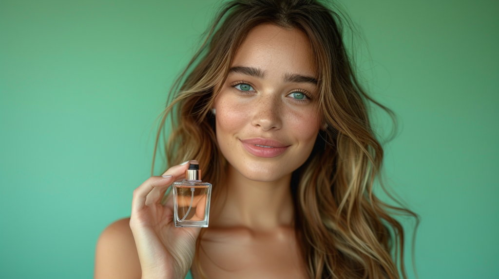 In this image, a woman is elegantly holding a bottle of perfume in her hand. She has long, flowing brown hair and is standing in a pose that exudes confidence and beauty. The woman is wearing a beautiful outfit and appears to be in a studio setting with a green background. The bottle of perfume is held delicately in her hand, adding to the luxurious and glamorous feel of the scene. The woman''s face is visible, showcasing her youthful appearance. Overall, this image captures a moment of sophistication and femininity as the woman showcases the perfume with style.