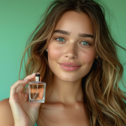 In this image, a woman is elegantly holding a bottle of perfume in her hand. She has long, flowing brown hair and is standing in a pose that exudes confidence and beauty. The woman is wearing a beautiful outfit and appears to be in a studio setting with a green background. The bottle of perfume is held delicately in her hand, adding to the luxurious and glamorous feel of the scene. The woman''s face is visible, showcasing her youthful appearance. Overall, this image captures a moment of sophistication and femininity as the woman showcases the perfume with style.