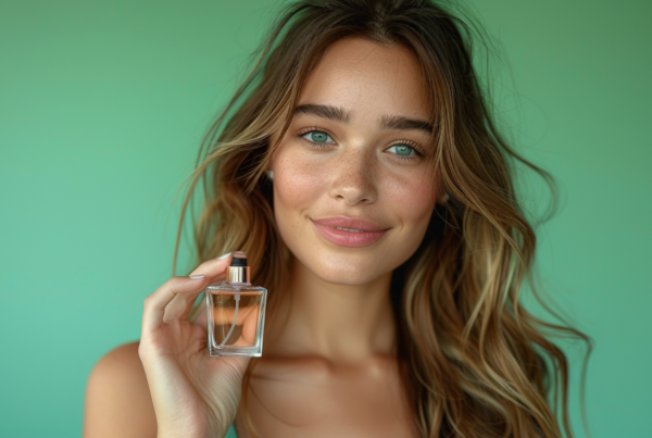 In this image, a woman is elegantly holding a bottle of perfume in her hand. She has long, flowing brown hair and is standing in a pose that exudes confidence and beauty. The woman is wearing a beautiful outfit and appears to be in a studio setting with a green background. The bottle of perfume is held delicately in her hand, adding to the luxurious and glamorous feel of the scene. The woman''s face is visible, showcasing her youthful appearance. Overall, this image captures a moment of sophistication and femininity as the woman showcases the perfume with style.