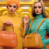 In this image, two women are standing side by side, both dressed in brightly colored outfits. One woman is wearing a yellow outfit while the other is dressed in a green dress. They are both holding purses, with one purse being brown and the other having hints of orange. The women are also wearing hats, adding a stylish touch to their outfits. The women are standing in a room with a couch and a chair in the background. The color palette of the image includes shades of yellow, orange, and green, creating a vibrant and cheerful atmosphere.