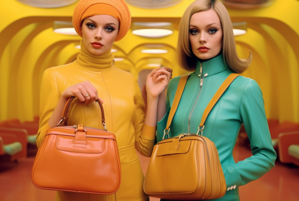 In this image, two women are standing side by side, both dressed in brightly colored outfits. One woman is wearing a yellow outfit while the other is dressed in a green dress. They are both holding purses, with one purse being brown and the other having hints of orange. The women are also wearing hats, adding a stylish touch to their outfits. The women are standing in a room with a couch and a chair in the background. The color palette of the image includes shades of yellow, orange, and green, creating a vibrant and cheerful atmosphere.