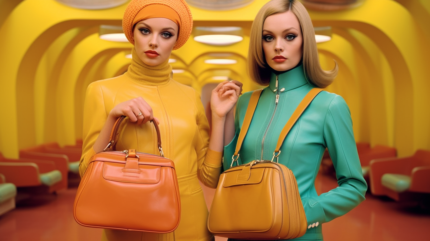 In this image, two women are standing side by side, both dressed in brightly colored outfits. One woman is wearing a yellow outfit while the other is dressed in a green dress. They are both holding purses, with one purse being brown and the other having hints of orange. The women are also wearing hats, adding a stylish touch to their outfits. The women are standing in a room with a couch and a chair in the background. The color palette of the image includes shades of yellow, orange, and green, creating a vibrant and cheerful atmosphere.