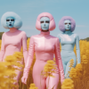 In this image, we see three individuals dressed in vibrant pink and blue outfits standing in a lush field. Two of the individuals are men, one wearing a blue suit and the other wearing a pink suit, while the third individual is a woman in a pink costume. The field they are standing in is filled with yellow flowers, creating a picturesque scene. The colors of the outfits and the flowers contrast beautifully against the blue sky in the background. The two men appear to be in their late twenties, with one being identified as male with a confident level of 0.82 and the other as male with a confidence level of 0.64. The primary colors in the image include shades of pink, blue, and brown, with accents of orange. The faces of the individuals are also detected in the image, with the estimated ages of the men being 27 and 28 years old. The gender of the individuals is identified as male for both men. The composition of the image is visually striking, with the individuals posing elegantly in their colorful attire amidst the natural beauty of the field.