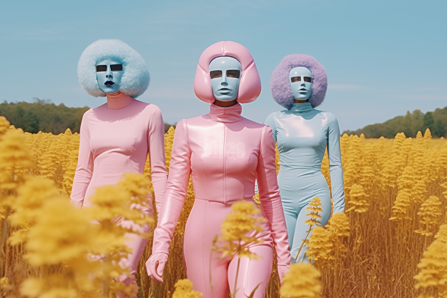 In this image, we see three individuals dressed in vibrant pink and blue outfits standing in a lush field. Two of the individuals are men, one wearing a blue suit and the other wearing a pink suit, while the third individual is a woman in a pink costume. The field they are standing in is filled with yellow flowers, creating a picturesque scene. The colors of the outfits and the flowers contrast beautifully against the blue sky in the background. The two men appear to be in their late twenties, with one being identified as male with a confident level of 0.82 and the other as male with a confidence level of 0.64. The primary colors in the image include shades of pink, blue, and brown, with accents of orange. The faces of the individuals are also detected in the image, with the estimated ages of the men being 27 and 28 years old. The gender of the individuals is identified as male for both men. The composition of the image is visually striking, with the individuals posing elegantly in their colorful attire amidst the natural beauty of the field.