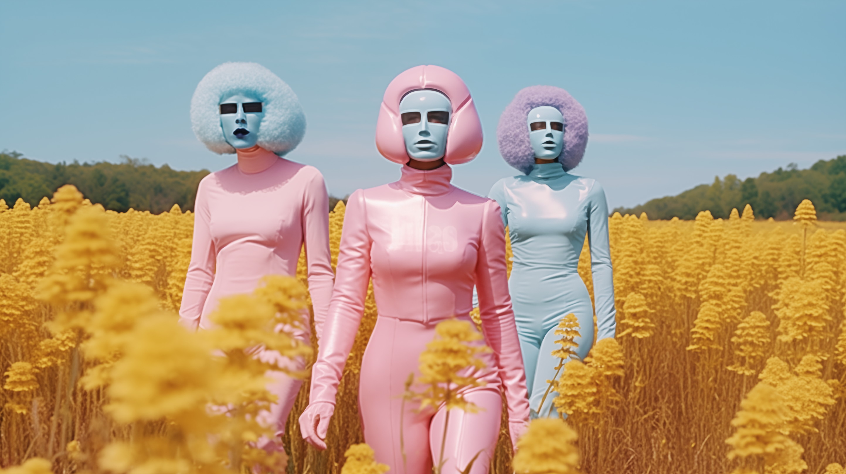 In this image, we see three individuals dressed in vibrant pink and blue outfits standing in a lush field. Two of the individuals are men, one wearing a blue suit and the other wearing a pink suit, while the third individual is a woman in a pink costume. The field they are standing in is filled with yellow flowers, creating a picturesque scene. The colors of the outfits and the flowers contrast beautifully against the blue sky in the background. The two men appear to be in their late twenties, with one being identified as male with a confident level of 0.82 and the other as male with a confidence level of 0.64. The primary colors in the image include shades of pink, blue, and brown, with accents of orange. The faces of the individuals are also detected in the image, with the estimated ages of the men being 27 and 28 years old. The gender of the individuals is identified as male for both men. The composition of the image is visually striking, with the individuals posing elegantly in their colorful attire amidst the natural beauty of the field.