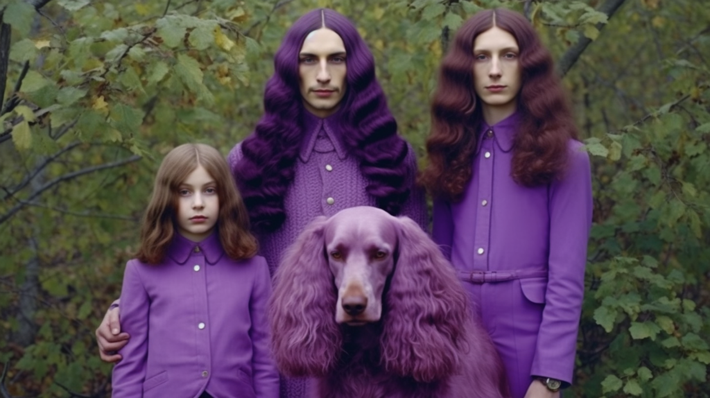 In this image, we see a family of three along with their dog and a girl. The family consists of a man and a woman, both with long hair. The man has purple hair and is wearing a purple coat, while the woman is wearing a purple sweater. The girl is also present in the image. The dog is a prominent feature, with a purple hue on its face. The setting appears to be outdoors, possibly in front of a tree. The colors purple and various shades of purple are dominant in the image, creating a visually striking portrait of the family.