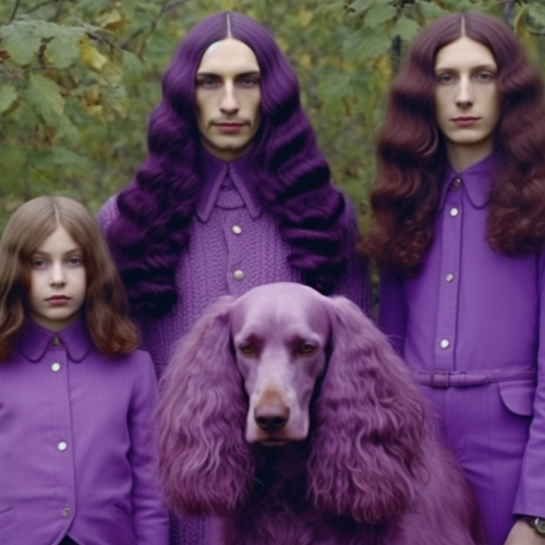 In this image, we see a family of three along with their dog and a girl. The family consists of a man and a woman, both with long hair. The man has purple hair and is wearing a purple coat, while the woman is wearing a purple sweater. The girl is also present in the image. The dog is a prominent feature, with a purple hue on its face. The setting appears to be outdoors, possibly in front of a tree. The colors purple and various shades of purple are dominant in the image, creating a visually striking portrait of the family.