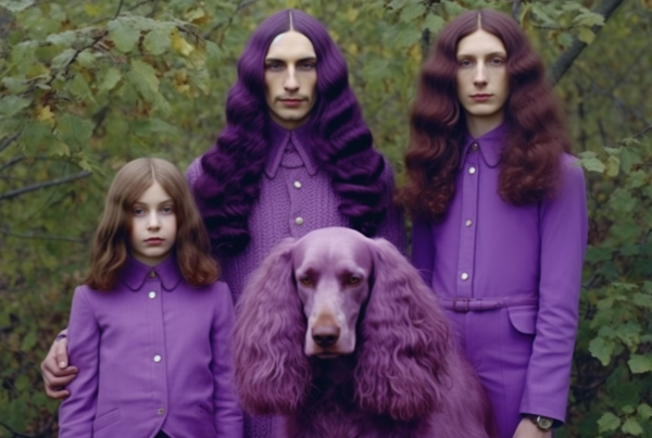 In this image, we see a family of three along with their dog and a girl. The family consists of a man and a woman, both with long hair. The man has purple hair and is wearing a purple coat, while the woman is wearing a purple sweater. The girl is also present in the image. The dog is a prominent feature, with a purple hue on its face. The setting appears to be outdoors, possibly in front of a tree. The colors purple and various shades of purple are dominant in the image, creating a visually striking portrait of the family.