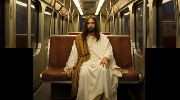 In this image, we see a man dressed in traditional Jesus robes sitting on a train. The man appears to be in his late thirties, with a male gender. He is seated on a bench inside the train, with his hands resting on his knees. The train interior features a lamp hanging from the ceiling and a window in the background. The colors in the image are predominantly dark browns and yellows, creating a warm and subdued atmosphere. The man''s facial expression is not visible, but he exudes a sense of tranquility and contemplation.