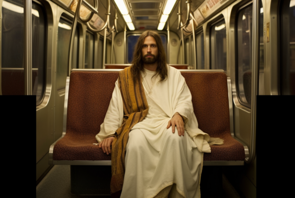 In this image, we see a man dressed in traditional Jesus robes sitting on a train. The man appears to be in his late thirties, with a male gender. He is seated on a bench inside the train, with his hands resting on his knees. The train interior features a lamp hanging from the ceiling and a window in the background. The colors in the image are predominantly dark browns and yellows, creating a warm and subdued atmosphere. The man''s facial expression is not visible, but he exudes a sense of tranquility and contemplation.