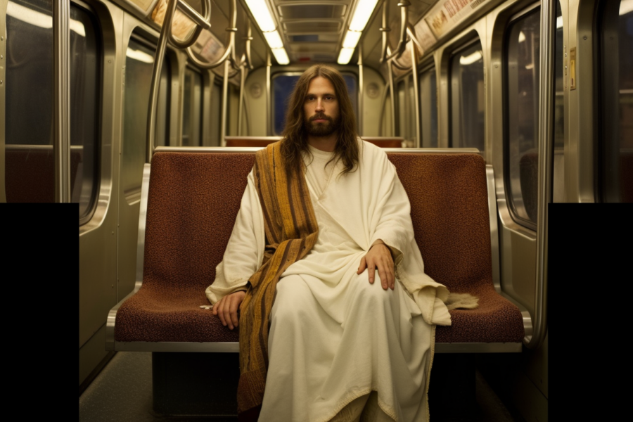 In this image, we see a man dressed in traditional Jesus robes sitting on a train. The man appears to be in his late thirties, with a male gender. He is seated on a bench inside the train, with his hands resting on his knees. The train interior features a lamp hanging from the ceiling and a window in the background. The colors in the image are predominantly dark browns and yellows, creating a warm and subdued atmosphere. The man''s facial expression is not visible, but he exudes a sense of tranquility and contemplation.