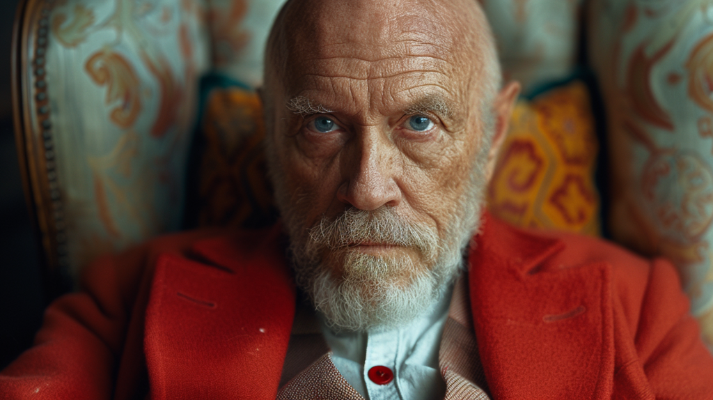 In this image, we see a man with a beard and a red jacket sitting in a chair. He appears to be in his 70s and exudes a sense of sophistication. The man is wearing a suit underneath his red jacket, which adds to his elegant appearance. His beard is well-groomed and complements his overall look. The primary colors in the image are dark brown, grey, and a deep red accent color. The man''s face is the main focus of the image, showcasing his features and the details of his beard and mustache.