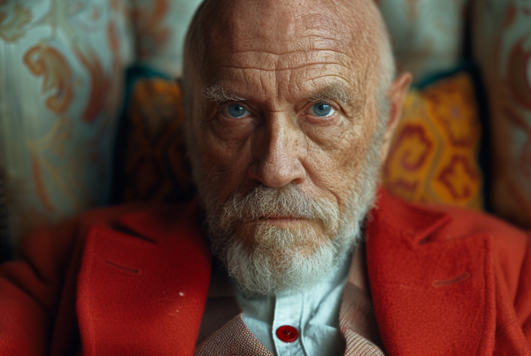 In this image, we see a man with a beard and a red jacket sitting in a chair. He appears to be in his 70s and exudes a sense of sophistication. The man is wearing a suit underneath his red jacket, which adds to his elegant appearance. His beard is well-groomed and complements his overall look. The primary colors in the image are dark brown, grey, and a deep red accent color. The man''s face is the main focus of the image, showcasing his features and the details of his beard and mustache.