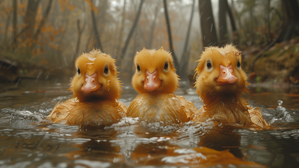 Three adorable ducklings are joyfully swimming in a serene stream located in a lush, green forest. The ducks have fluffy yellow feathers, gracefully gliding through the clear water. Surrounding them are tall trees, creating a picturesque natural backdrop. One male face, aged around 46, can be seen in the background, observing the charming scene. The colors of the setting include various shades of brown, green, and yellow, blending harmoniously with the ducks'' vibrant feathers. This peaceful moment captures the beauty of nature and the innocence of these delightful creatures.