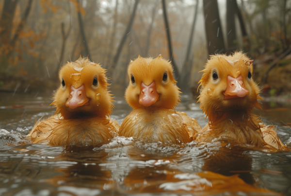Three adorable ducklings are joyfully swimming in a serene stream located in a lush, green forest. The ducks have fluffy yellow feathers, gracefully gliding through the clear water. Surrounding them are tall trees, creating a picturesque natural backdrop. One male face, aged around 46, can be seen in the background, observing the charming scene. The colors of the setting include various shades of brown, green, and yellow, blending harmoniously with the ducks'' vibrant feathers. This peaceful moment captures the beauty of nature and the innocence of these delightful creatures.