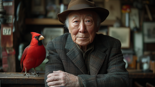 In this image, we see an elderly man wearing a hat and coat sitting on a couch. He is accompanied by a striking red bird perched on the armrest next to him. The man has a serious expression on his face, and he is positioned next to a small picture frame on the wall. The bird appears to be a parrot with a black beak, adding a vibrant pop of color to the scene. The man''s outfit suggests a sense of sophistication and the overall ambiance is cozy and inviting.
