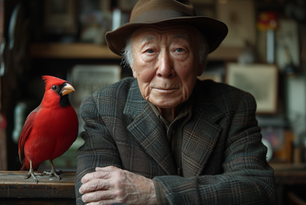 In this image, we see an elderly man wearing a hat and coat sitting on a couch. He is accompanied by a striking red bird perched on the armrest next to him. The man has a serious expression on his face, and he is positioned next to a small picture frame on the wall. The bird appears to be a parrot with a black beak, adding a vibrant pop of color to the scene. The man''s outfit suggests a sense of sophistication and the overall ambiance is cozy and inviting.