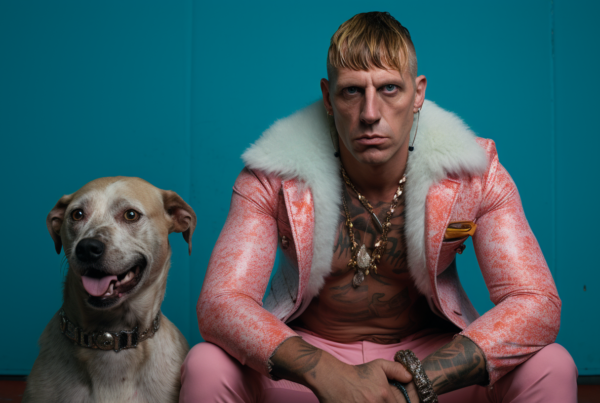 A man is sitting on the floor next to a dog. The man is wearing a pink jacket and has a beard. He has a necklace with a cross on his chest. The dog is white and wearing a collar. The man and the dog are in a cozy indoor setting. The dog seems to be playful and has a pink ball. The man''s expression is relaxed as he interacts with the dog. The scene exudes warmth and companionship between the man and his furry friend.