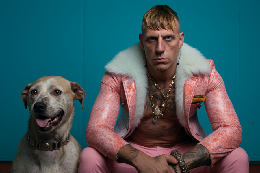 A man is sitting on the floor next to a dog. The man is wearing a pink jacket and has a beard. He has a necklace with a cross on his chest. The dog is white and wearing a collar. The man and the dog are in a cozy indoor setting. The dog seems to be playful and has a pink ball. The man''s expression is relaxed as he interacts with the dog. The scene exudes warmth and companionship between the man and his furry friend.