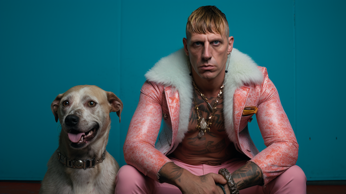 A man is sitting on the floor next to a dog. The man is wearing a pink jacket and has a beard. He has a necklace with a cross on his chest. The dog is white and wearing a collar. The man and the dog are in a cozy indoor setting. The dog seems to be playful and has a pink ball. The man''s expression is relaxed as he interacts with the dog. The scene exudes warmth and companionship between the man and his furry friend.