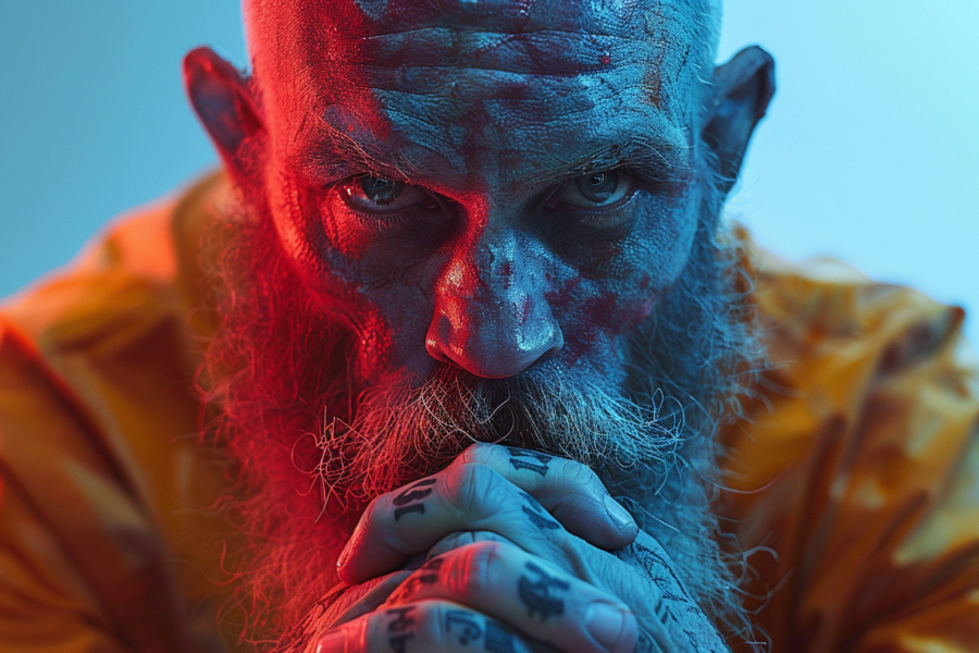 A man with a beard and a yellow shirt is shown in the image. The man''s face is illuminated with a red light, creating a striking visual effect. He appears to have tattoos on his arms and is sitting in front of a blue background. The image focuses on the man''s facial features, particularly his beard and intense expression. The colors in the image include shades of blue, red, and brown, creating a contrast between the man''s yellow shirt and the background. Overall, the image captures a sense of intensity and individuality in the man''s appearance.