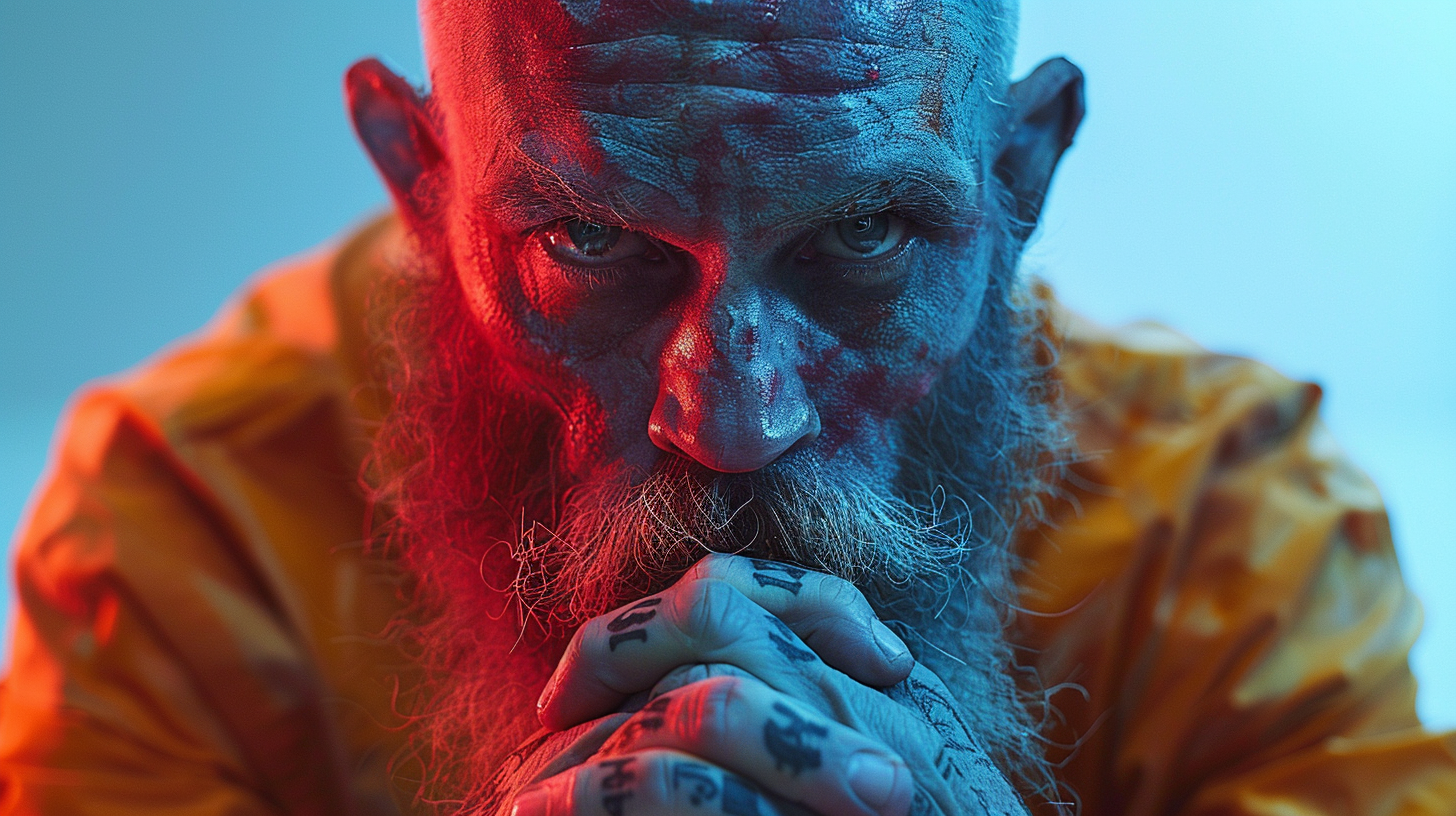 A man with a beard and a yellow shirt is shown in the image. The man''s face is illuminated with a red light, creating a striking visual effect. He appears to have tattoos on his arms and is sitting in front of a blue background. The image focuses on the man''s facial features, particularly his beard and intense expression. The colors in the image include shades of blue, red, and brown, creating a contrast between the man''s yellow shirt and the background. Overall, the image captures a sense of intensity and individuality in the man''s appearance.