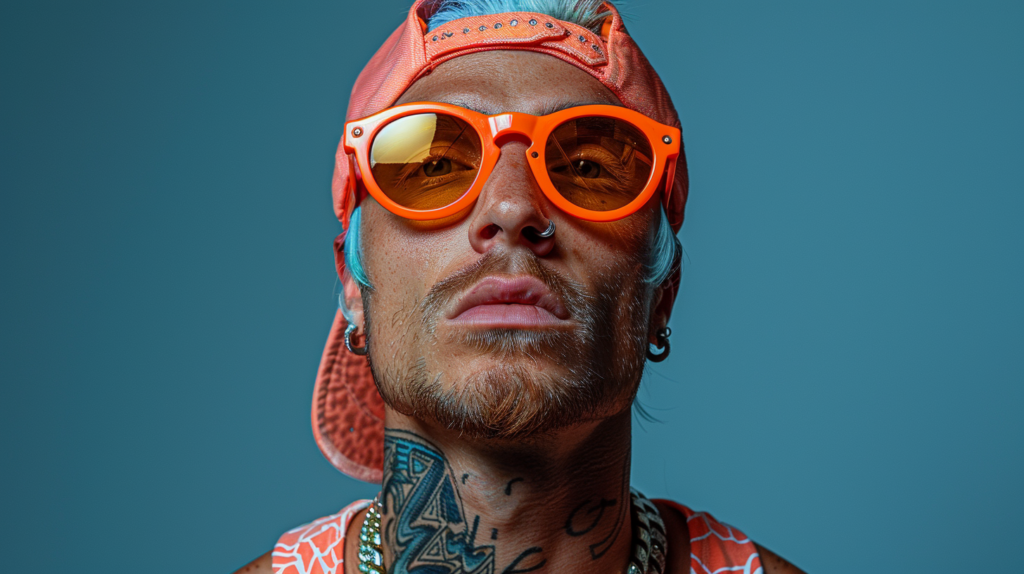 In this image, we see a man wearing a hat and sunglasses. The man''s face is visible, and he appears to be in his thirties. He is wearing a stylish hat that covers part of his head, and fashionable sunglasses that cover his eyes. The man has a confident expression on his face. The sunglasses have an orange tint, adding a pop of color to the overall look. The man''s outfit is not fully visible, but he seems to have a necklace around his neck. The background is not clear, but the focus is on the man''s face, hat, and sunglasses.