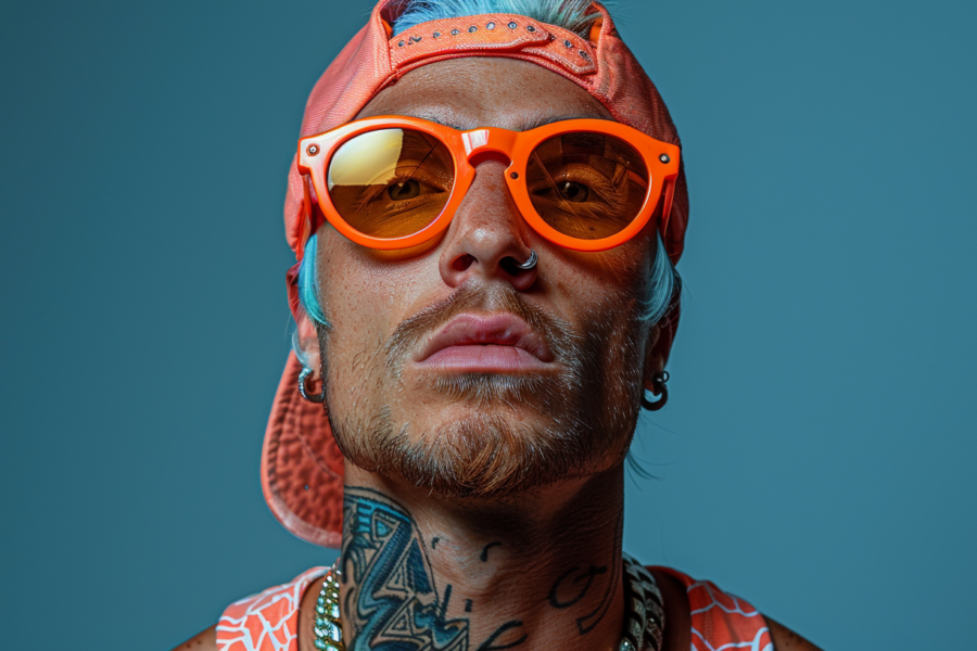 In this image, we see a man wearing a hat and sunglasses. The man''s face is visible, and he appears to be in his thirties. He is wearing a stylish hat that covers part of his head, and fashionable sunglasses that cover his eyes. The man has a confident expression on his face. The sunglasses have an orange tint, adding a pop of color to the overall look. The man''s outfit is not fully visible, but he seems to have a necklace around his neck. The background is not clear, but the focus is on the man''s face, hat, and sunglasses.