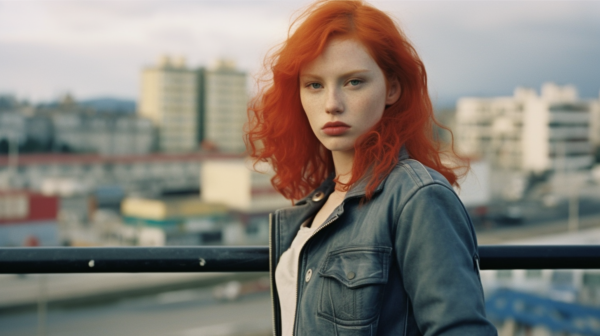A young woman with striking red hair is standing on a balcony, overlooking a cityscape. She is wearing a stylish leather jacket and appears confident and elegant. The focus is on her as she stands tall, with the wind gently blowing her hair. In the background, you can see buildings and streets below. The woman''s necklace catches the light, adding a touch of glamour to her look. The overall atmosphere is urban and modern, with a hint of sophistication. The image captures a moment of contemplation and beauty in an urban setting.