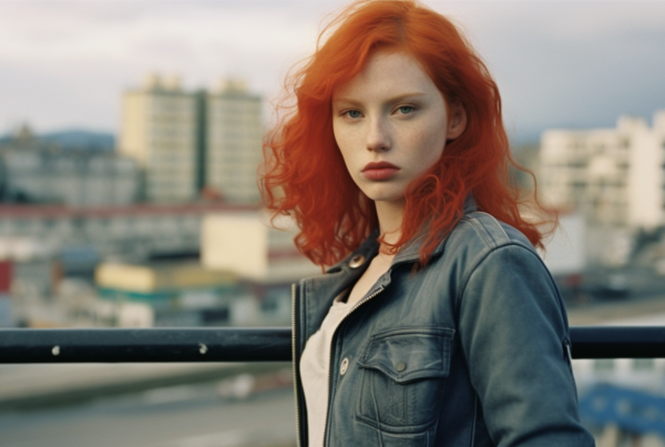 A young woman with striking red hair is standing on a balcony, overlooking a cityscape. She is wearing a stylish leather jacket and appears confident and elegant. The focus is on her as she stands tall, with the wind gently blowing her hair. In the background, you can see buildings and streets below. The woman''s necklace catches the light, adding a touch of glamour to her look. The overall atmosphere is urban and modern, with a hint of sophistication. The image captures a moment of contemplation and beauty in an urban setting.
