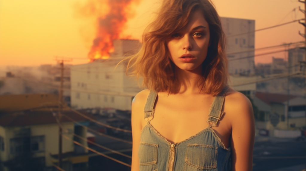 A young woman with short hair is standing in front of a crackling fire. She is wearing a denim dress and holding a cup, as if enjoying a warm beverage. The woman''s face is illuminated by the flickering flames, casting a warm glow on her features. Her expression appears relaxed and content. The fire''s orange and yellow hues contrast with the dark surroundings, creating a cozy and inviting atmosphere. The woman''s posture suggests she is taking a moment to unwind and savor the comfort of the fire''s warmth. The scene exudes a sense of tranquility and relaxation