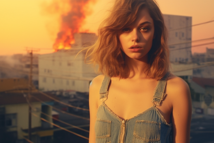 A young woman with short hair is standing in front of a crackling fire. She is wearing a denim dress and holding a cup, as if enjoying a warm beverage. The woman''s face is illuminated by the flickering flames, casting a warm glow on her features. Her expression appears relaxed and content. The fire''s orange and yellow hues contrast with the dark surroundings, creating a cozy and inviting atmosphere. The woman''s posture suggests she is taking a moment to unwind and savor the comfort of the fire''s warmth. The scene exudes a sense of tranquility and relaxation