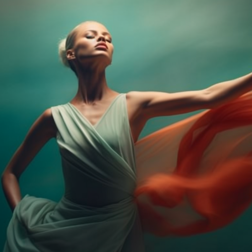 A woman in a dress is gracefully flying through the air in this captivating image. Her flowing dress billows around her as her hair blows in the wind. The dress is a beautiful shade of green, and she is holding a red and white umbrella. The woman exudes a sense of freedom and joy as she floats through the sky. The background is a serene mix of earthy tones, enhancing the peaceful and dreamlike quality of the scene. This image captures a moment of pure magic and wonder, inviting the viewer to imagine the woman''s journey through the sky.