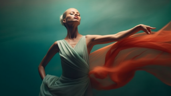 A woman in a dress is gracefully flying through the air in this captivating image. Her flowing dress billows around her as her hair blows in the wind. The dress is a beautiful shade of green, and she is holding a red and white umbrella. The woman exudes a sense of freedom and joy as she floats through the sky. The background is a serene mix of earthy tones, enhancing the peaceful and dreamlike quality of the scene. This image captures a moment of pure magic and wonder, inviting the viewer to imagine the woman''s journey through the sky.